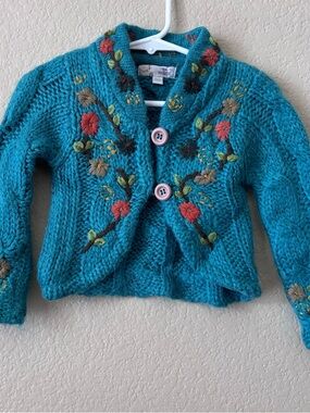 Embellished Teal Knit Cardigan with Floral Embroidery